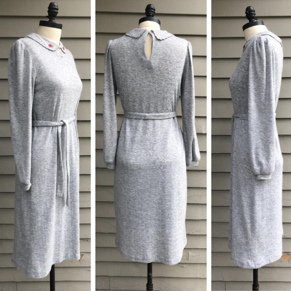 Vintage OOPS CALIFORNIA Coquette Gray Knit Puff Sleeve Belted Midi Dress XS/S - Picture 13 of 15